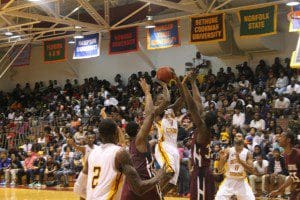 Adrien Coleman works through the NCCU defense for a bucket. (Photo: Karsceal Turner - WONO)