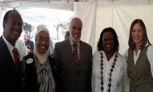 l-r: City of Orlando Commissioner Sam Ings, N.Y. Nathiri, P.E.C. Director of Multidisciplinary Programs, Chester Glover-Advisor to Congresswoman Corrine Brown, Sheryl Taylor -VP of Partnership Development-Visit Orlando and Tonya Easterling- Sr. Manager-Margeting Development-Florida Blue share a light moment at the press conference to open the 24th Annual Zora Neale Hurston Festival, January 25, 2013 in Eatonville. (Photo: WONO)