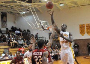 Adrien Coleman drives to the hoop for two of his 26 Saturday.   photo credits B-CU athletics 