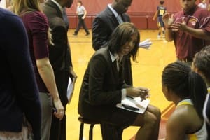 B-CU Women's Head Coach Vanessa Blair drives a point home with her players. (File photo: K. Turner/WONO)