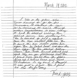 Copy of letter which Rachel Jeantel had a friend write under her guidance, given to Trayvon Martin's mother, Sybrina Fulton