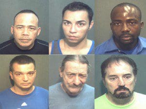 Suspects l-r, top row: Edwin Faelnar, John Sturm and Petrice Cineus l-r, second row: Jason Capers, Bruce Schuette and Stephen Conraid 