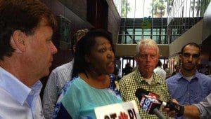 l-r: Matt Falconer, Lewanna Gelzer, Doug Head and Mike Cantone address the media prior to urging the Board of Orange County Commissioners to reject the Orlando Soccer Stadium, July 16, 2013. (Photo: WONO)