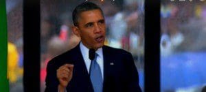 President Barack Obama makes remarks at the Memorial Service for former South African President Nelson Mandela, First National Bank Stadium, Johannesburg, South Africa, December 10, 2013.