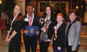 l-r: Angie Grunskyte, Lake Nona High School; Deja Miller, Wekiva High School; Sasha Gatti, Cypress Creek High School; Autumn Butler, University High School; and teacher Pat Novalis.