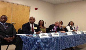 l-r: District 2 Orange County Commission candidates: Prince Brown, Greg Jackson, Syretta Moore (sitting in for Council Alvin Moore), Bryan Nelson, Patricia Rumph and Bridgett Sykes, at 2014 Pine Hills Community Forum, June 19, 2014. (Photo: WONO)