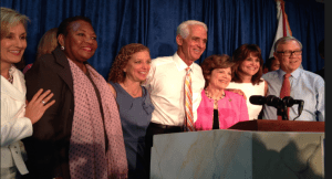 l-r: Allison Tant, Sen. Geraldine Thompson, Debbie Wasserman Schultz, Gov. Charlie Crist, Sen. Nan Rich, Lt. Gov. candidate Annette Taddeo and Attorney General candidate, George Sheldon, Painters & Allied Trades Union Hall, Oak Ridge Road, Orlando, August 28, 2014. (Photo credit: WONO)