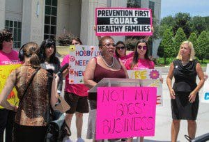 State Senator Geraldine Thompson address rally to protest Hobby Lobby ruling and support the Protect Women's Health from Corporate Interference Act, Winter Garden City Hall, August 1, 2014.