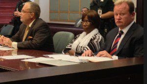 l-r: Attorneys George 'Dutch' Anderson (l) and Dan Newlin (r) of the Law Offices of Dan Newlin flank Alma Fletcher, mother of Danielle Sampson, at civil trial, Orange County Court House, November 3, 2014. (Photo: WONO)